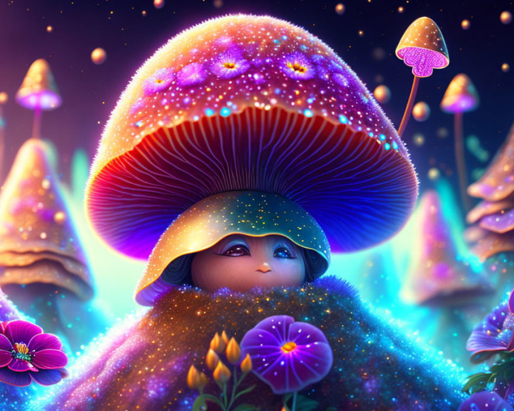 Colorful Mushroom Scene with Whimsical Character and Glowing Flora