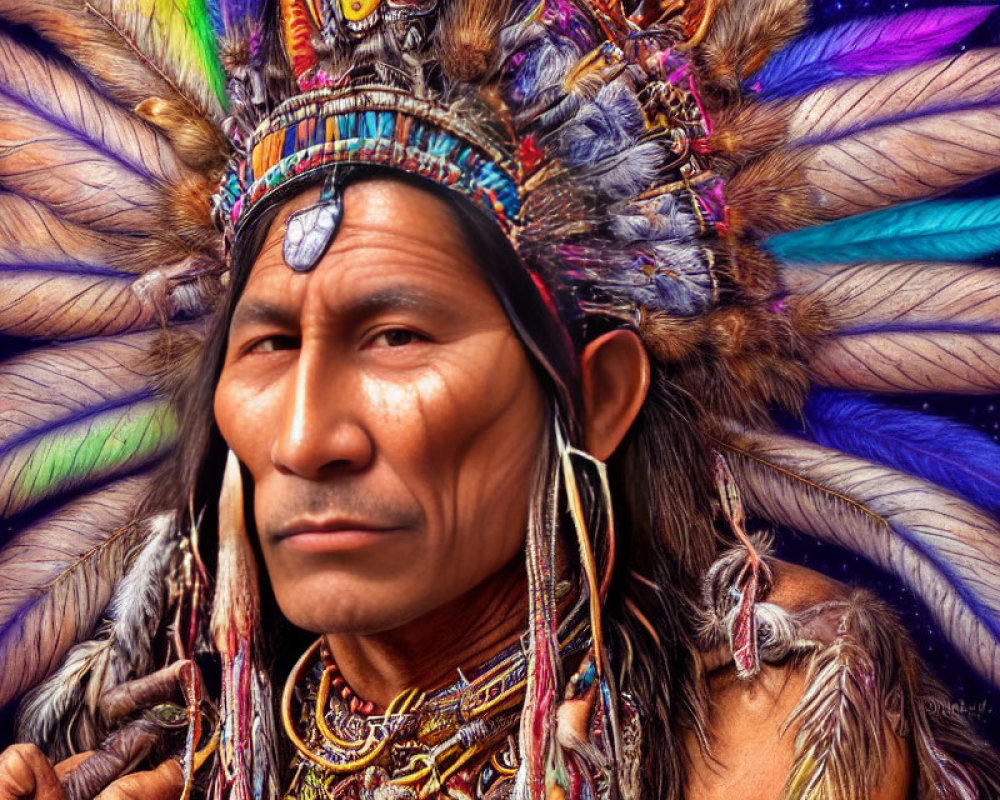 Elaborate Feathered Headdress and Beadwork Portrait Against Starry Background