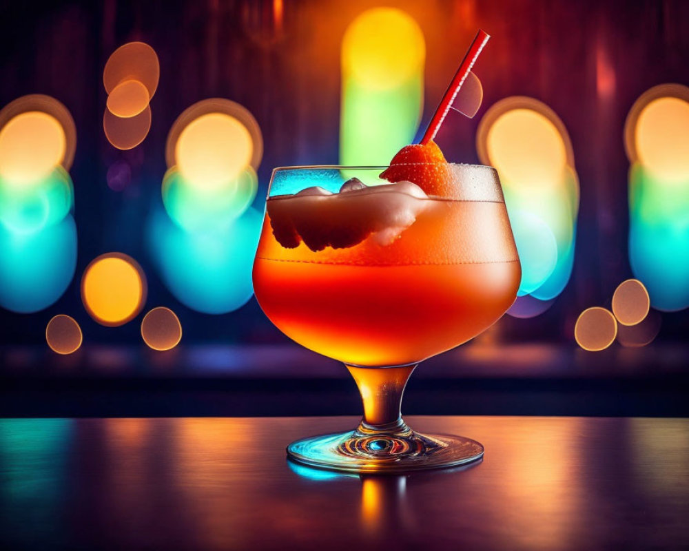 Colorful Cherry Garnished Cocktail in Stemmed Glass Against Blurred Lights