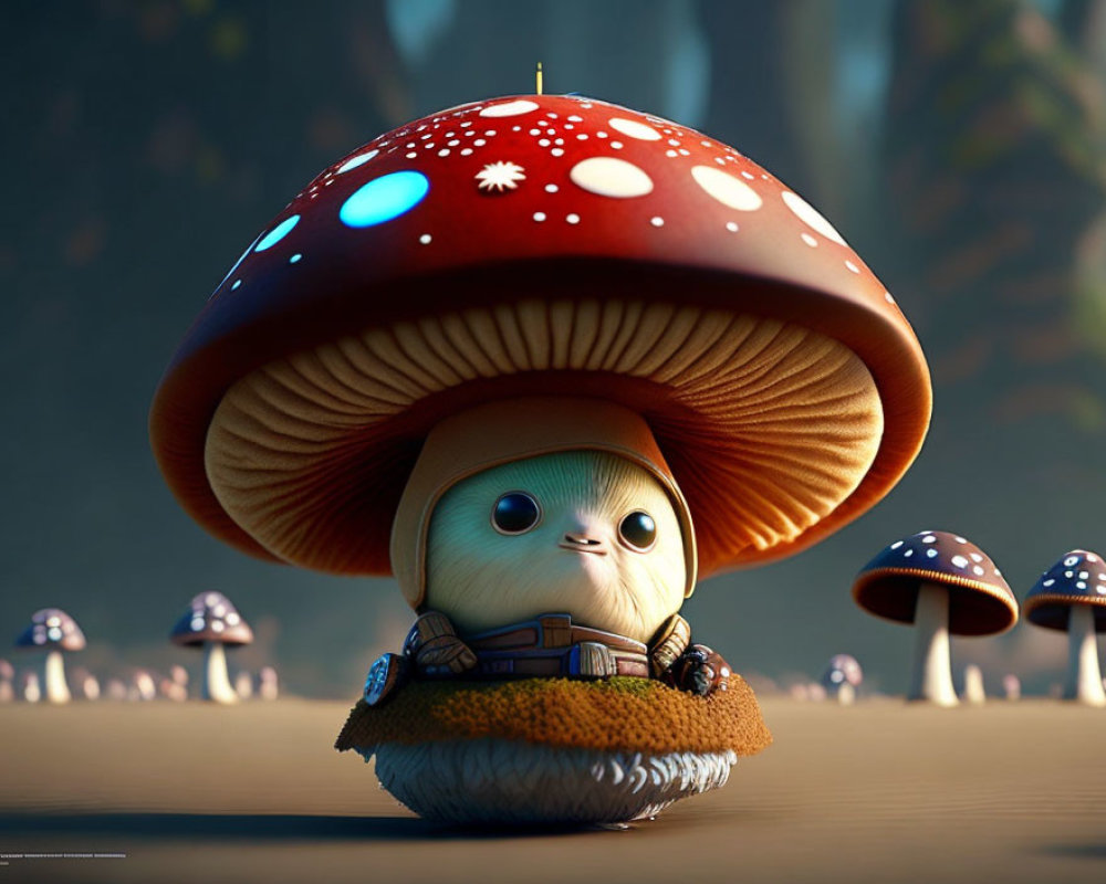 Animated character under vibrant red mushroom in forest setting