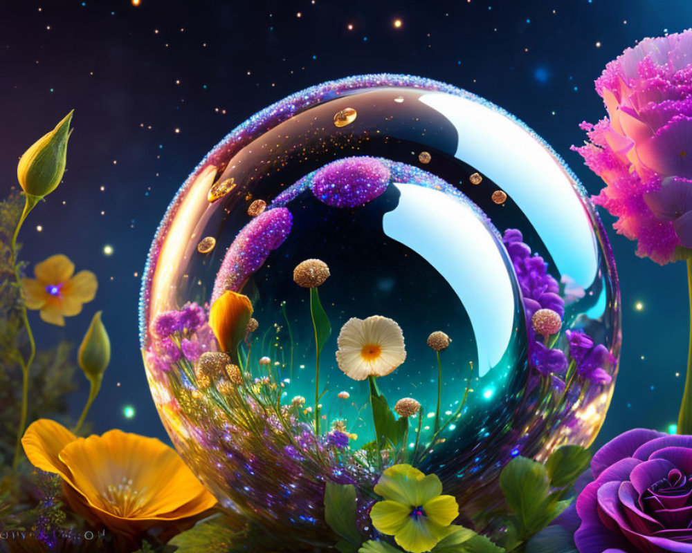 Colorful Yin-Yang Symbol Artwork with Flowers and Cosmic Elements