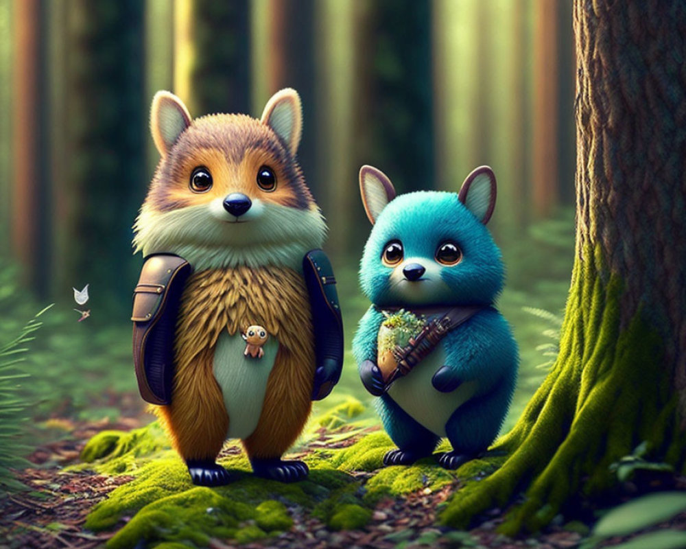 Anthropomorphic animals in forest: fox with backpack and blue creature with map, lush greenery.