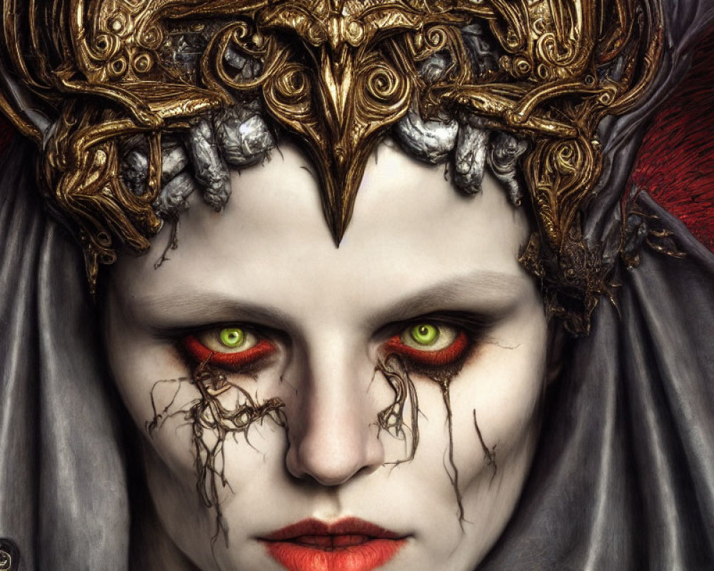 Pale-skinned figure with green eyes, golden headpiece, and black markings.