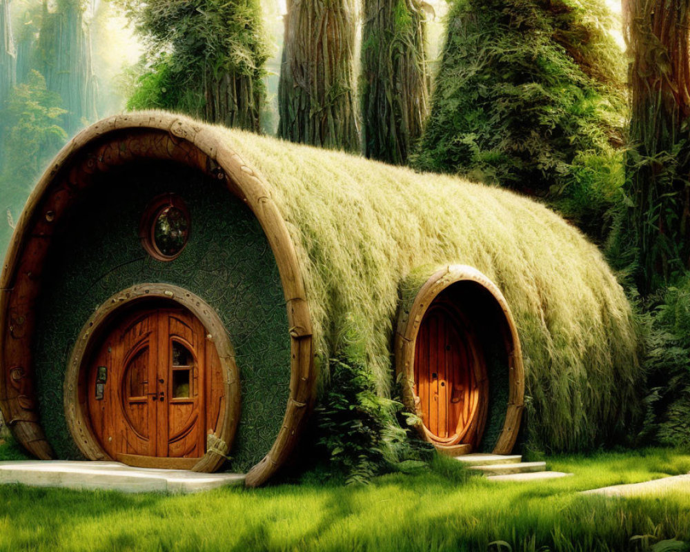 Whimsical round-doored hobbit house in moss-covered forest