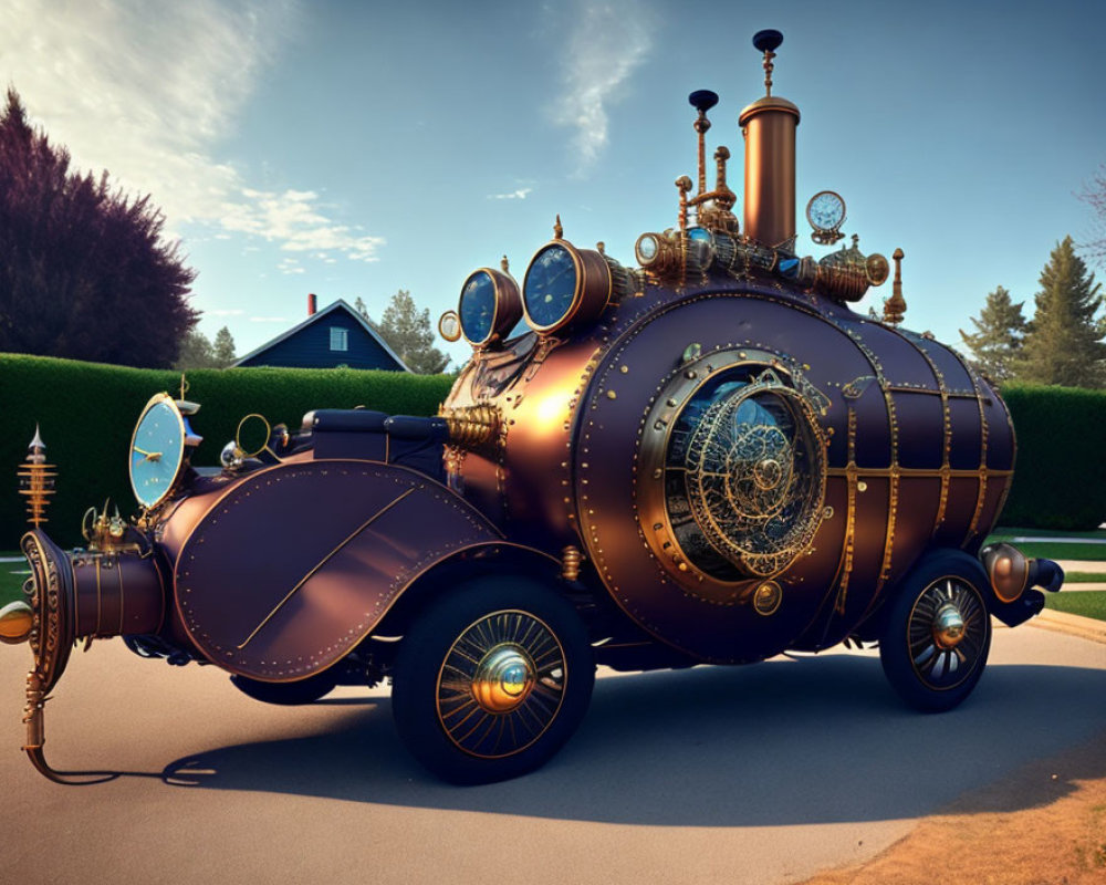 Steampunk-style vehicle with brass detailing and clock elements on suburban street