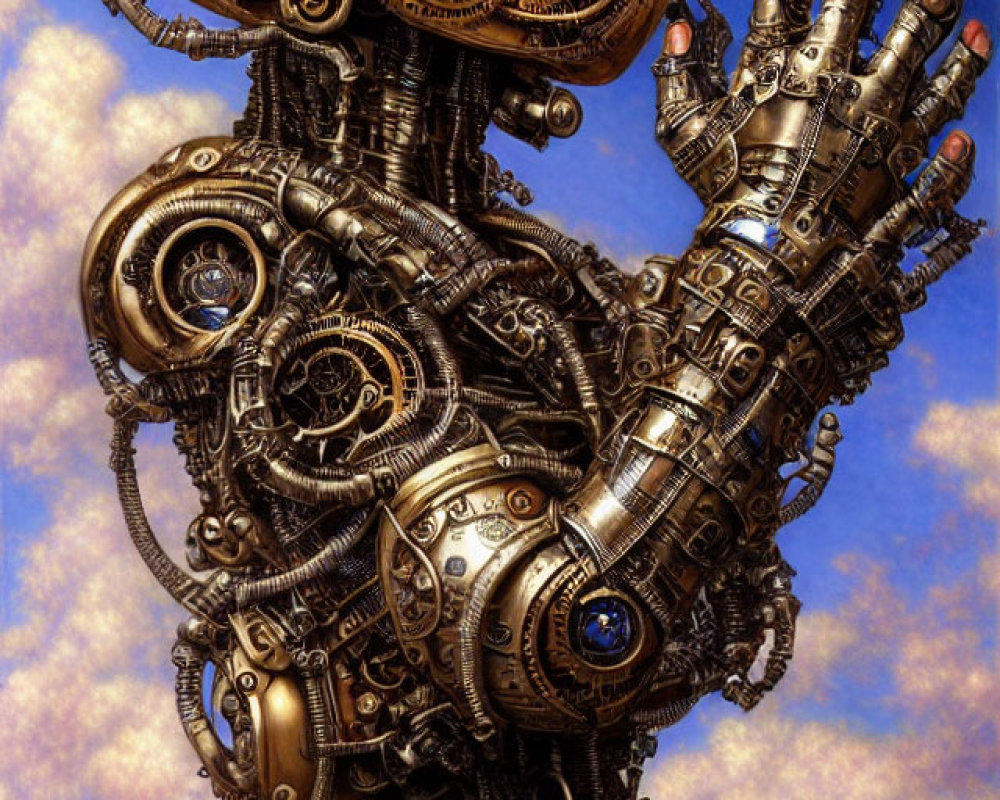 Intricate Steampunk Mechanical Figure with Open Hand on Cloudy Sky