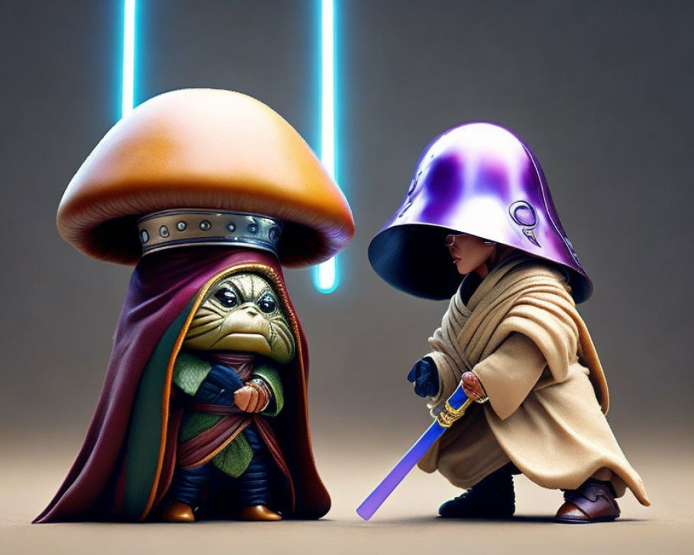 Stylized mushroom figures inspired by Star Wars characters in cloaks and helmets