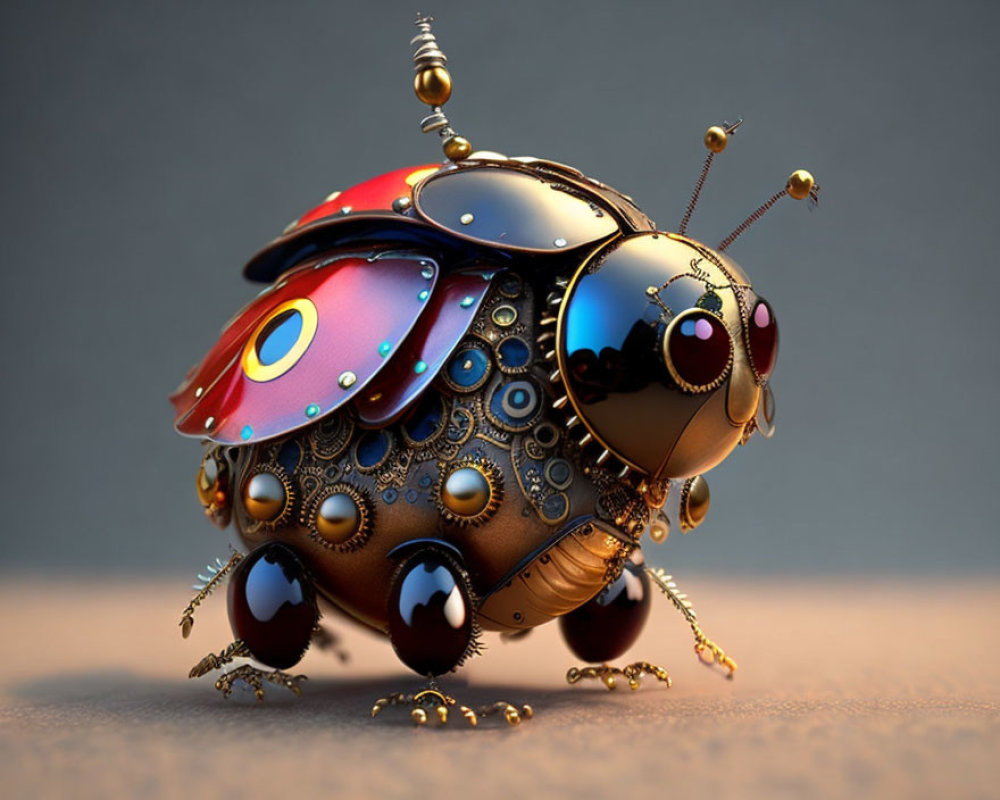 Colorful 3D mechanical ladybug illustration with ornate shell and metal textures