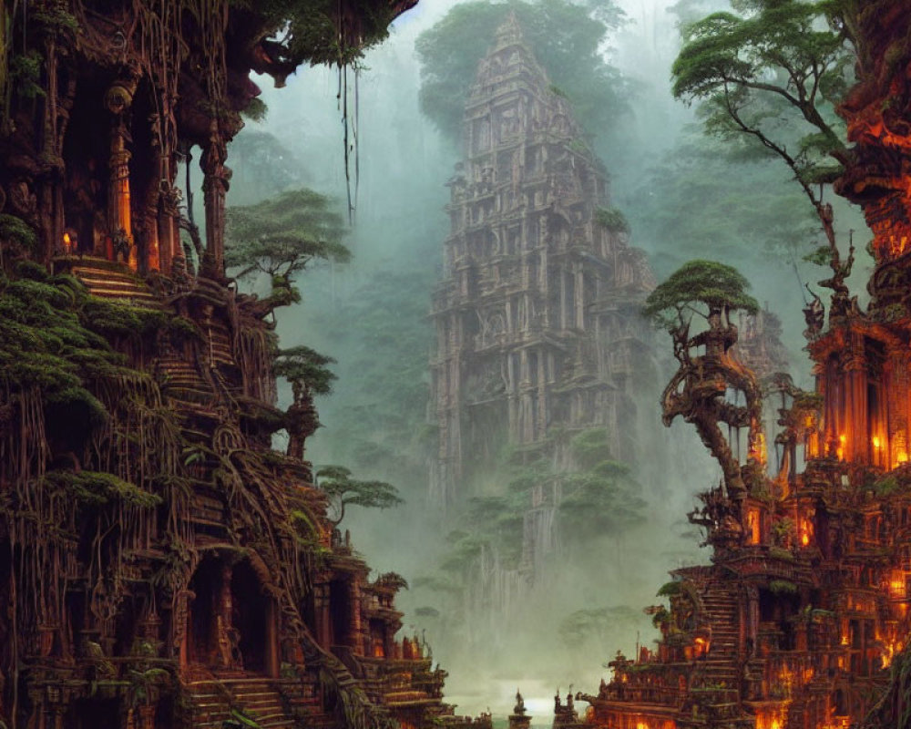 Ancient ruins covered in vegetation in a foggy jungle at night