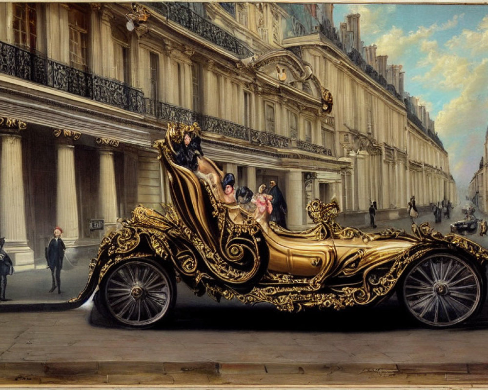 Golden carriage without horses on historical street with elegant buildings and pedestrians