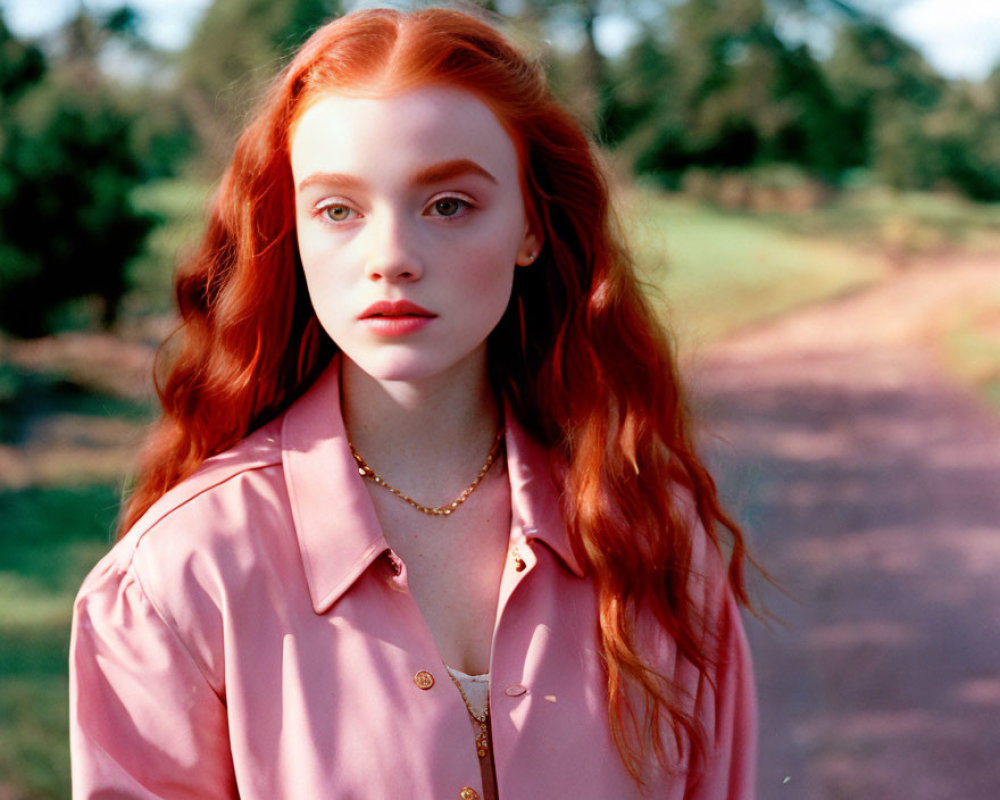 Red-haired woman in pink shirt and necklace outdoors with trees.