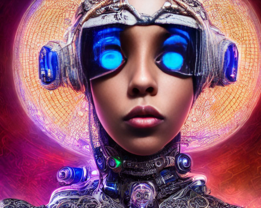 Female with Cybernetic Enhancements and Futuristic Helmet on Abstract Background