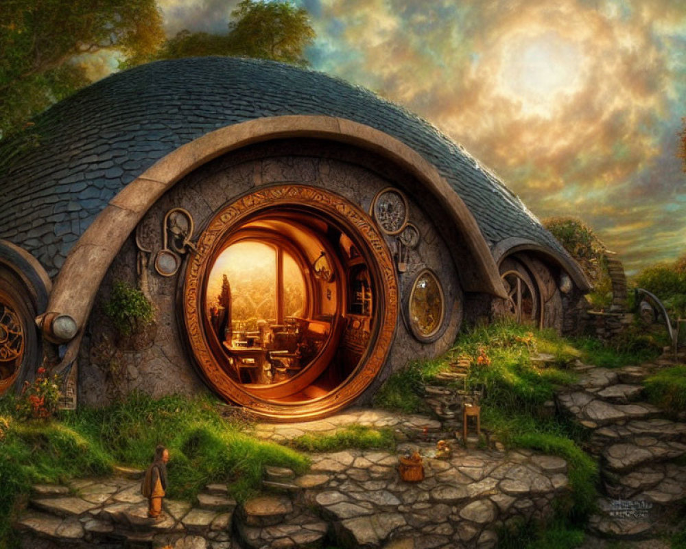 Whimsical hobbit-house with round door in lush hillside landscape