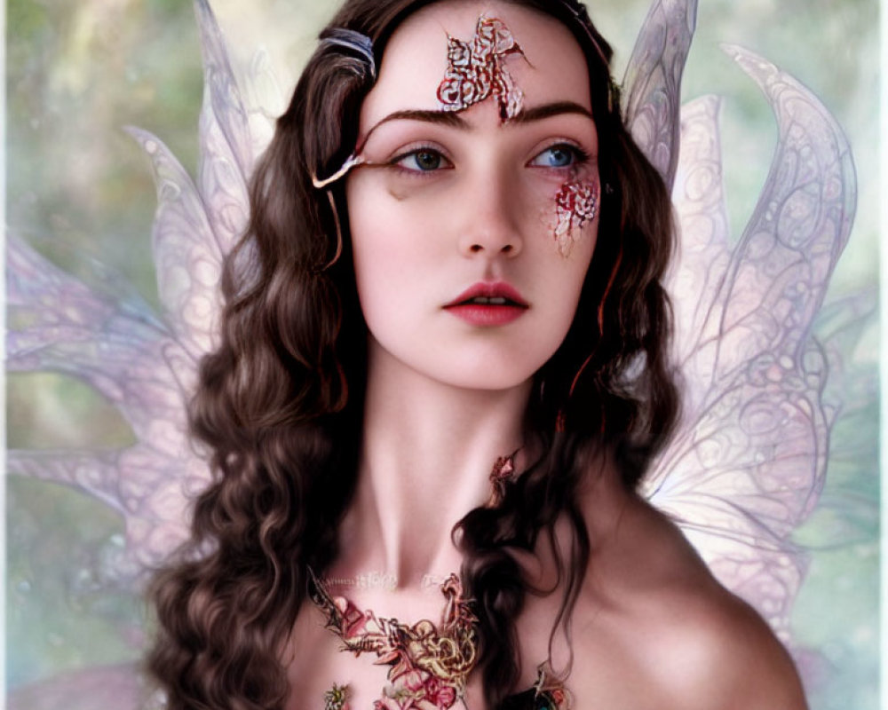 Intricate fantasy portrait of woman with fairy wings and decorative accessories