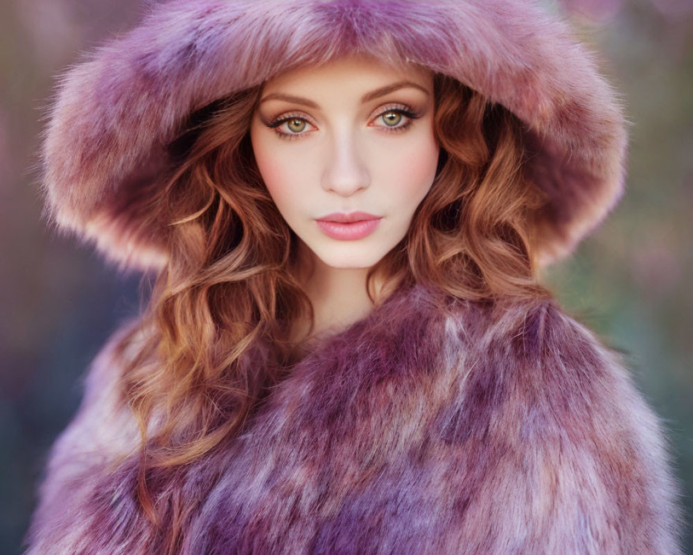 Woman in Purple Fur Hooded Cloak with Wavy Hair