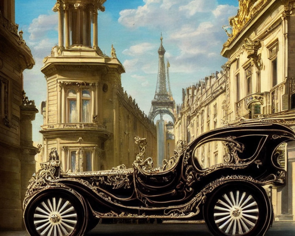 Black Carriage with White Wheels in Parisian Setting with Eiffel Tower