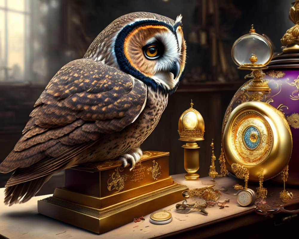 Owl perched on gold box with antique objects on wooden surface