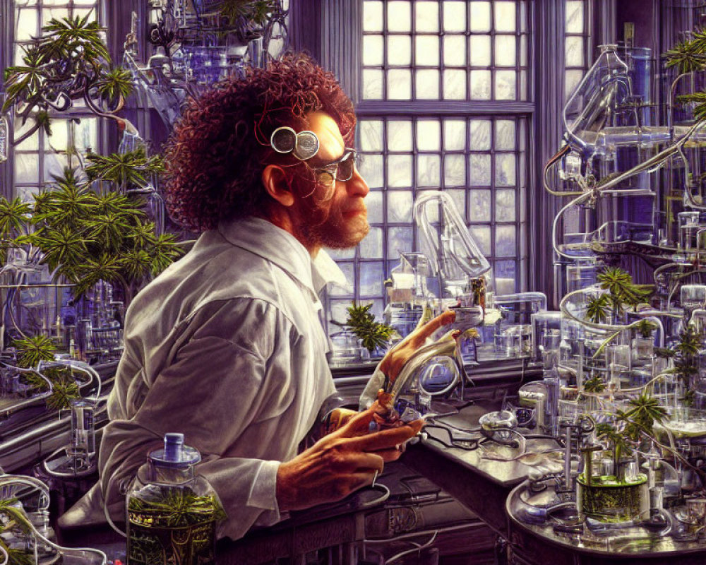 Scientist in lab coat studying plant specimen in botanical lab