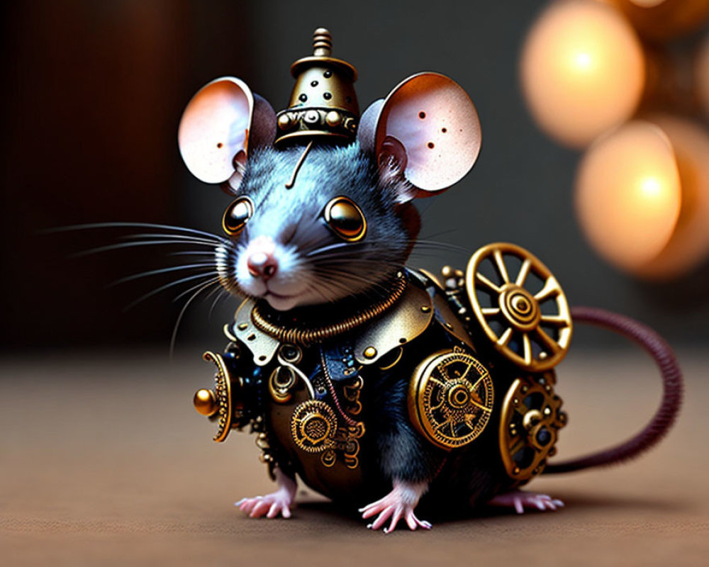 Whimsical steampunk-style mouse with brass gears on warm background