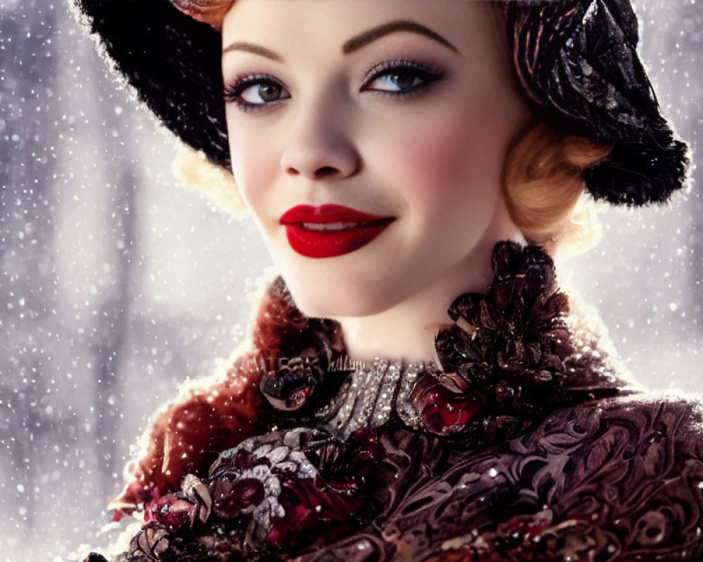 Woman in vintage hat and red lipstick smiling in snowy scene