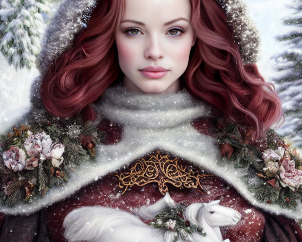 Digital artwork of woman with red hair in floral winter cloak with white horse in snowy scene