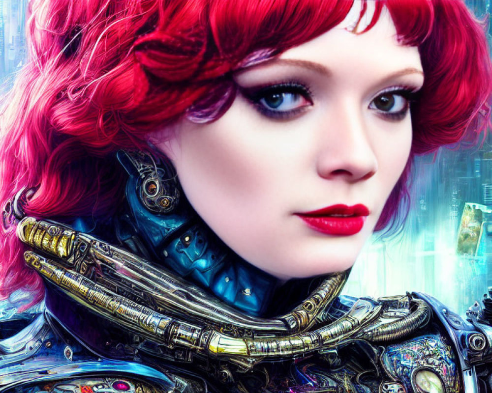 Vibrant futuristic artwork of woman with red hair and cybernetic neck enhancements