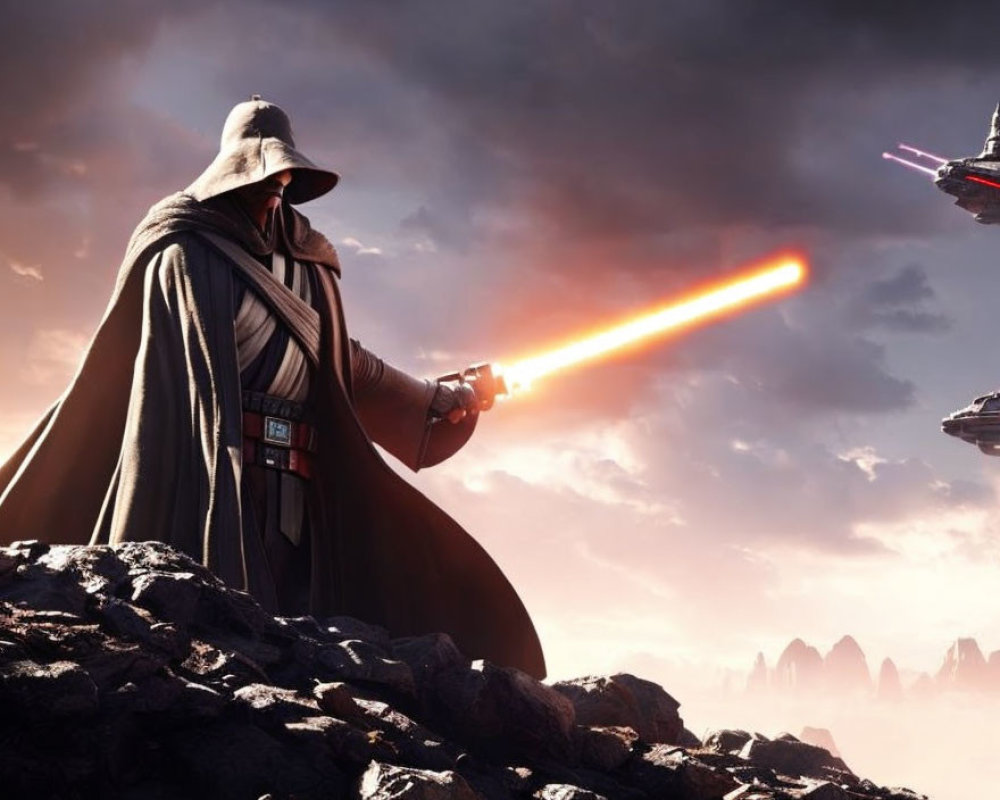 Cloaked figure with red lightsaber on rocky terrain with starships and dramatic sky