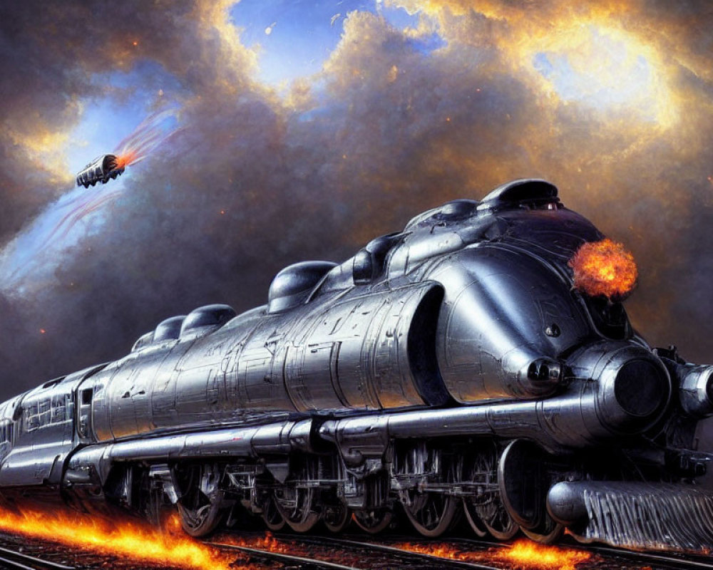 Vintage steam train with fire under wheels and billowing smoke, under ominous sky with aircraft.