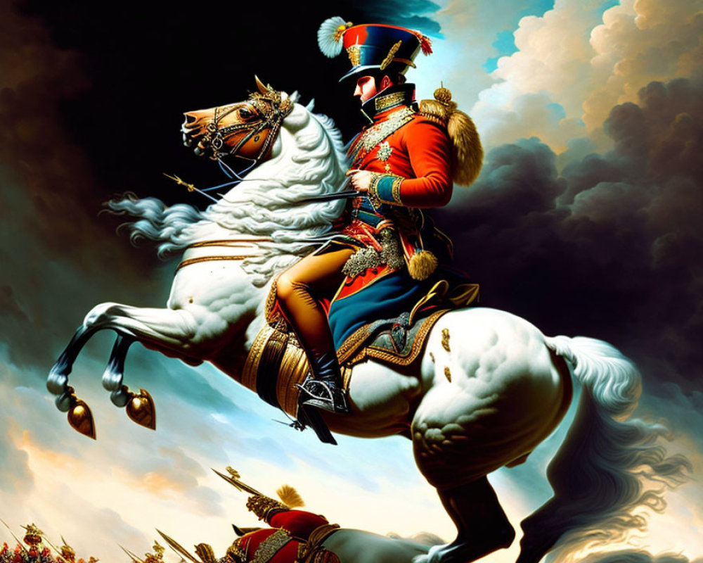 Military leader in blue and red uniform on rearing white horse in dramatic painting