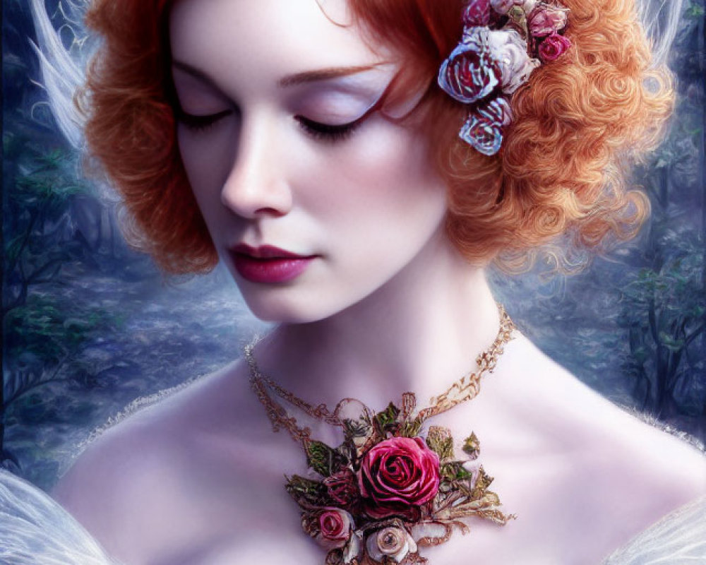 Red-haired woman in floral crown and rose dress against mystical forest.