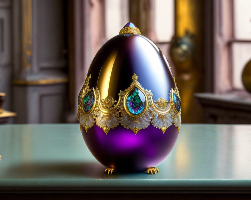 Ornate purple Fabergé egg with gold trim and gem embellishments