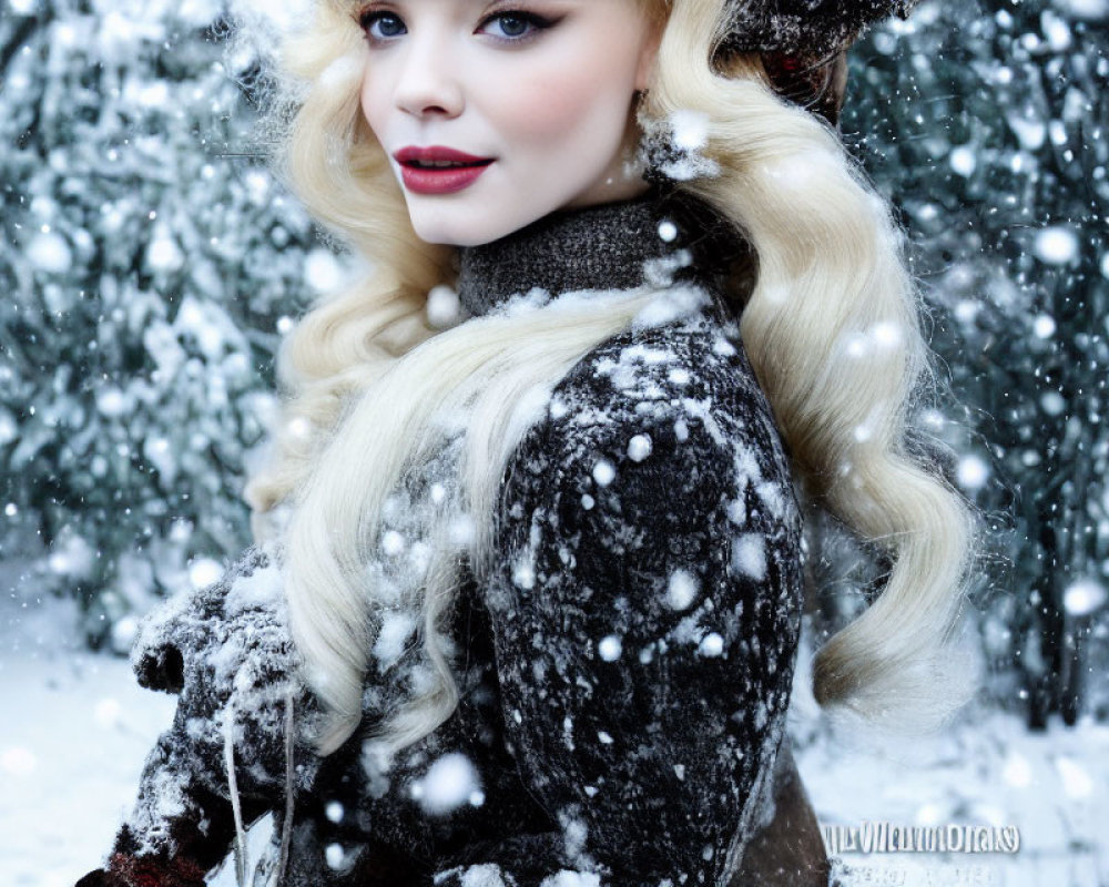 Blonde woman in winter coat with earmuffs in snowy scene