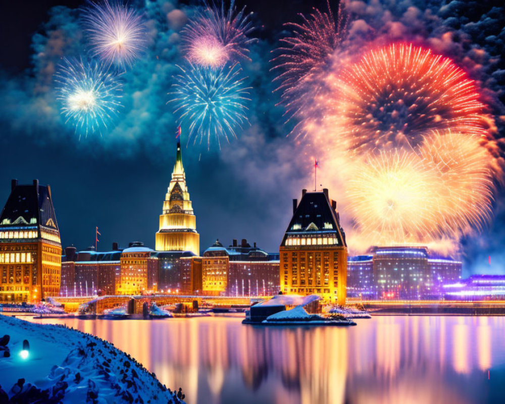 Vibrant fireworks over city river at night in winter