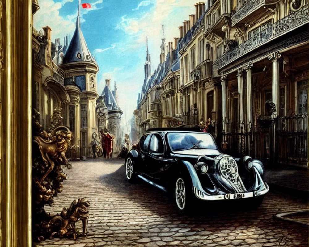 Vintage Car on Cobblestone Street in Historical European Setting