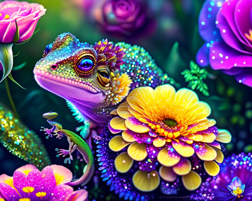 Colorful digital artwork featuring a vibrant lizard in a fantastical floral setting