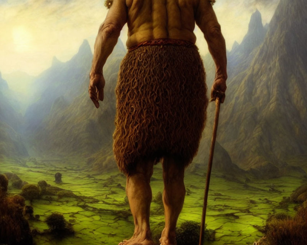 Giant with staff in green rocky landscape