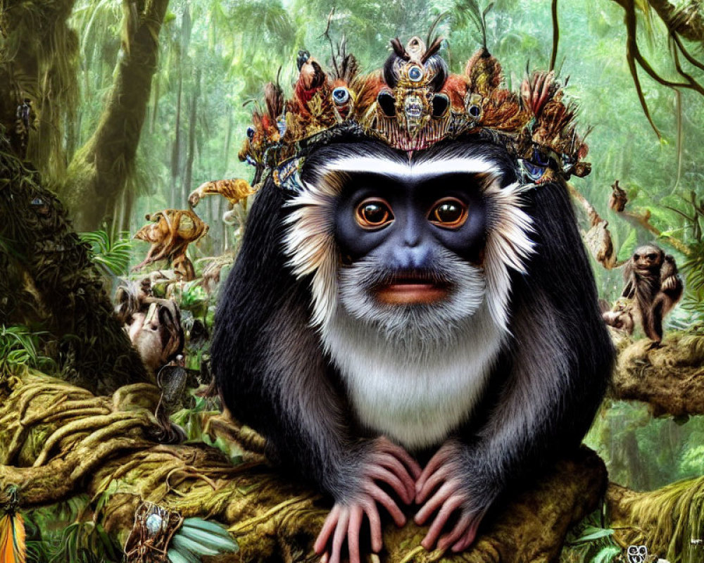 Digital Artwork: Monkey with Human-Like Eyes Wearing Crown, Surrounded by Jungle Monkeys