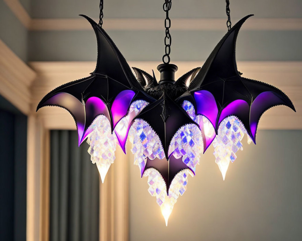 Bat Wing Chandelier with Purple Crystalline Lights in Modern Room