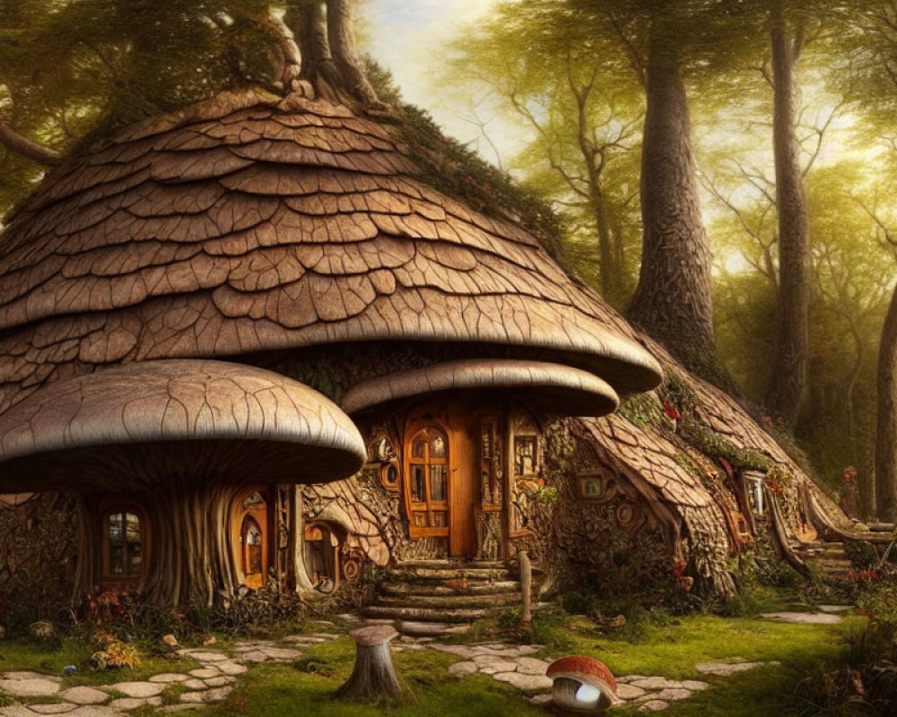 Whimsical mushroom houses in enchanted forest landscape