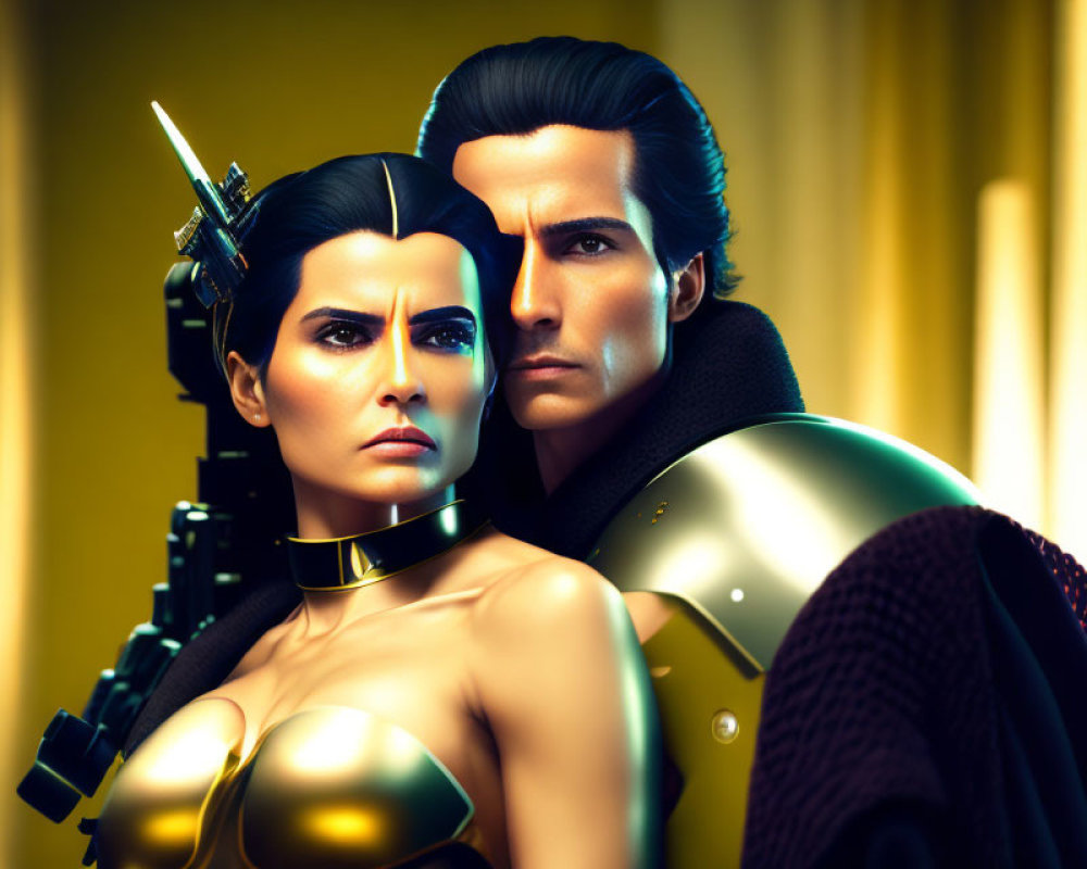 Stylized 3D illustration of male and female characters in futuristic warrior attire on yellow backdrop