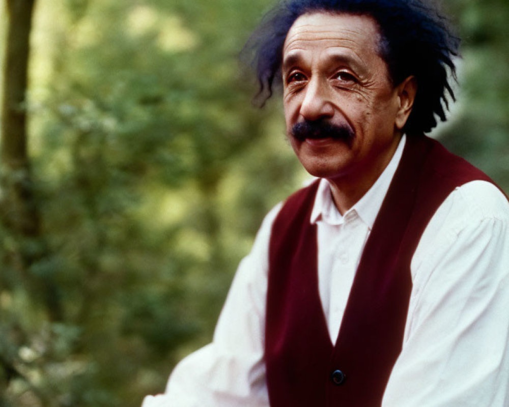 Man with Wild Hair and Mustache in White Shirt and Red Vest Outdoors