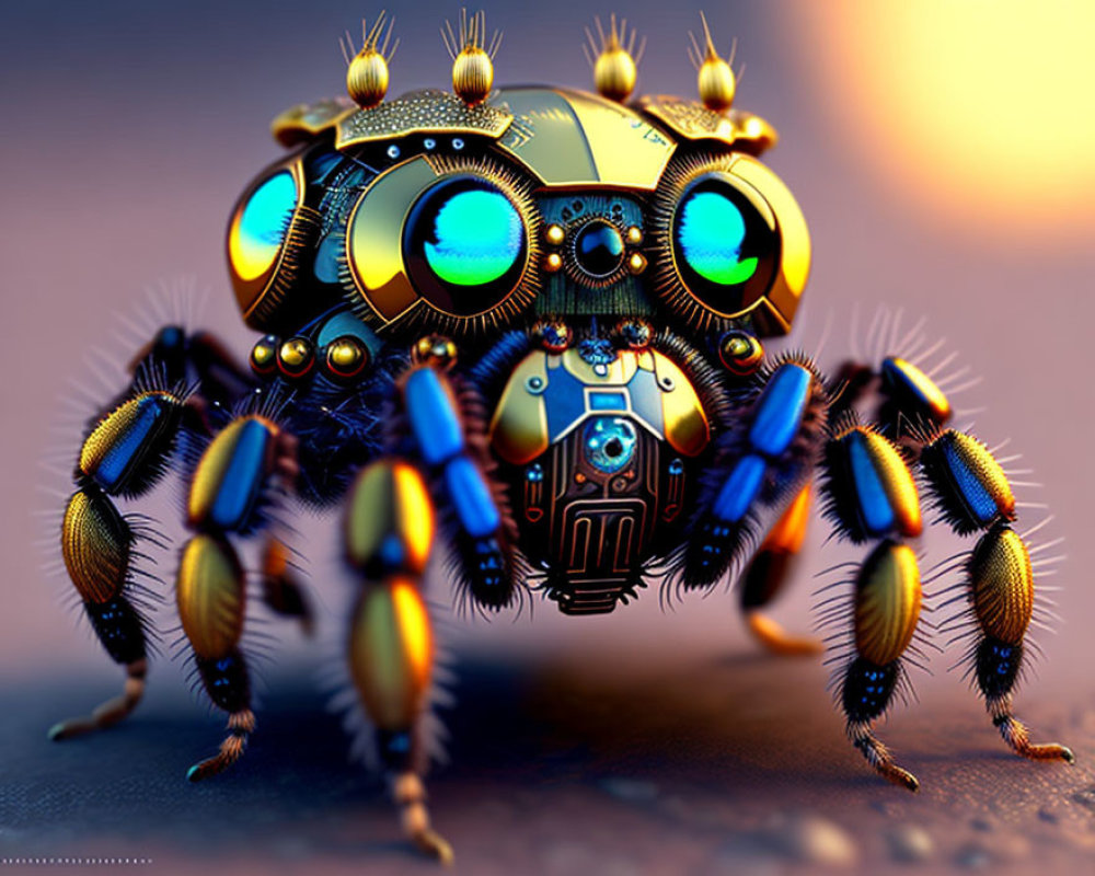 Intricate Golden and Blue Mechanical Spider with Metallic Legs