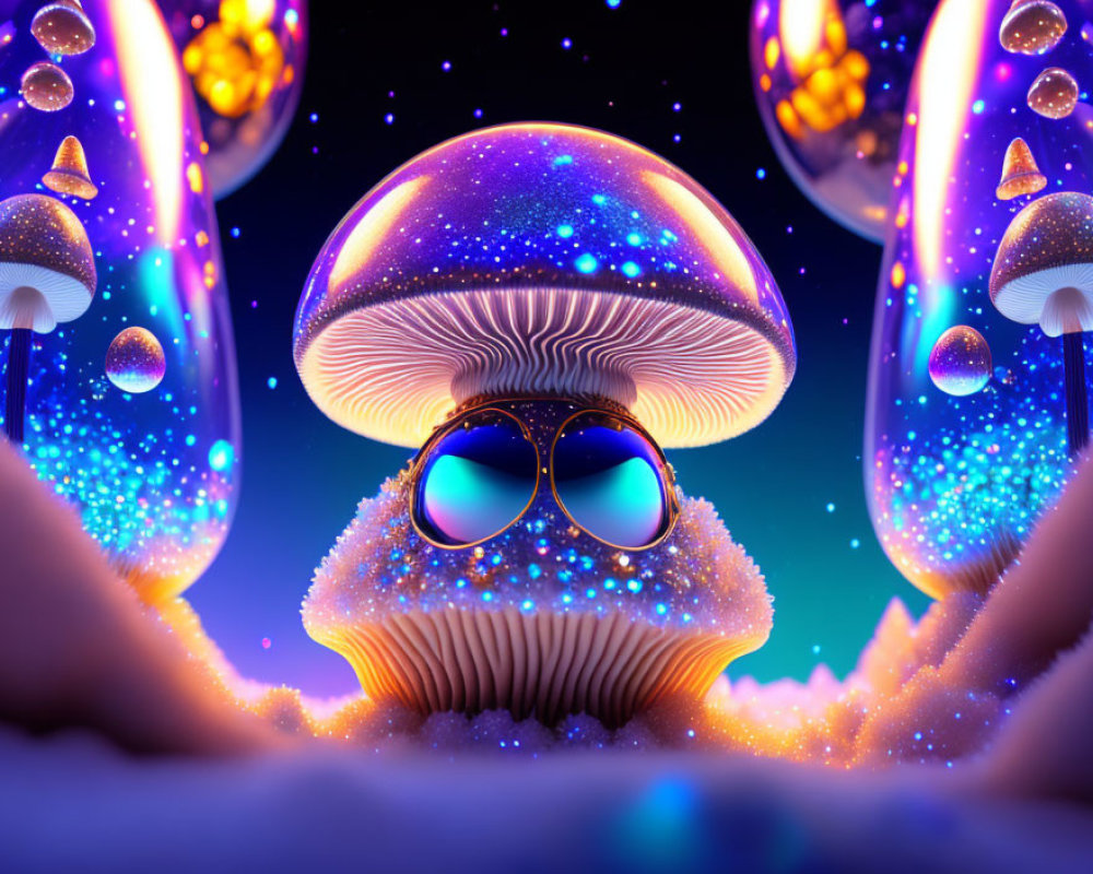 Colorful digital artwork of mushroom with glowing edges and aviator sunglasses in cosmic setting.