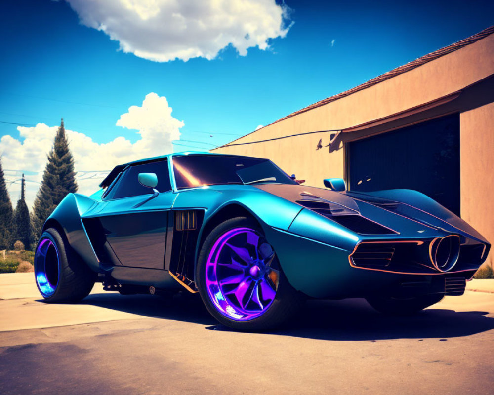 Vintage Sports Car with Blue Finish and Purple Wheels Parked Under Clear Sky