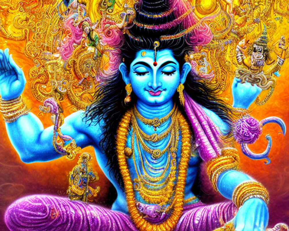 Blue-skinned multi-armed deity with gold jewelry and symbolic objects against fiery halo.