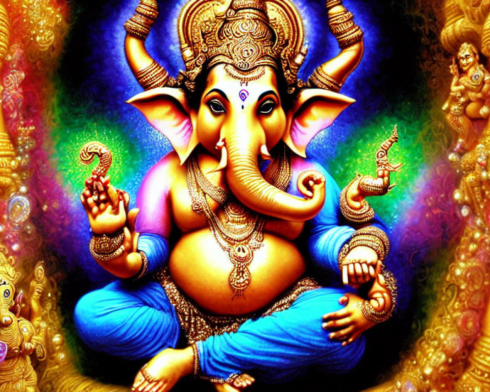 Colorful Hindu deity Ganesha illustration with elephant head and ornate background