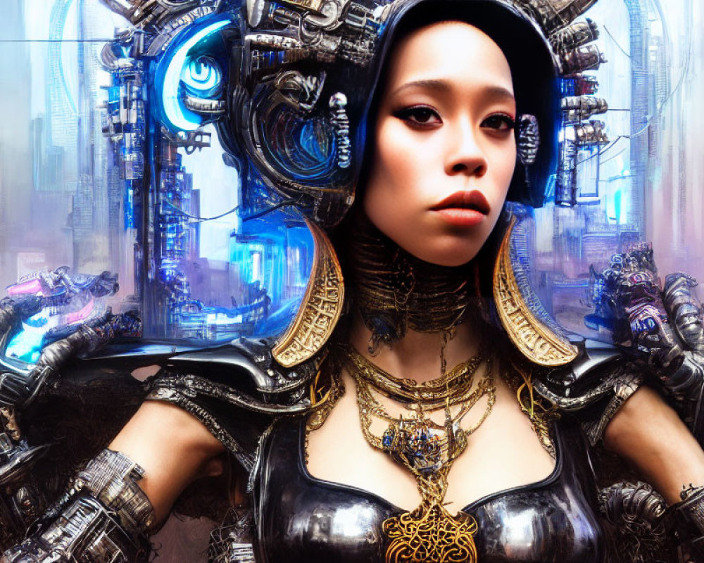 Futuristic woman with cybernetic enhancements and mechanical backdrop