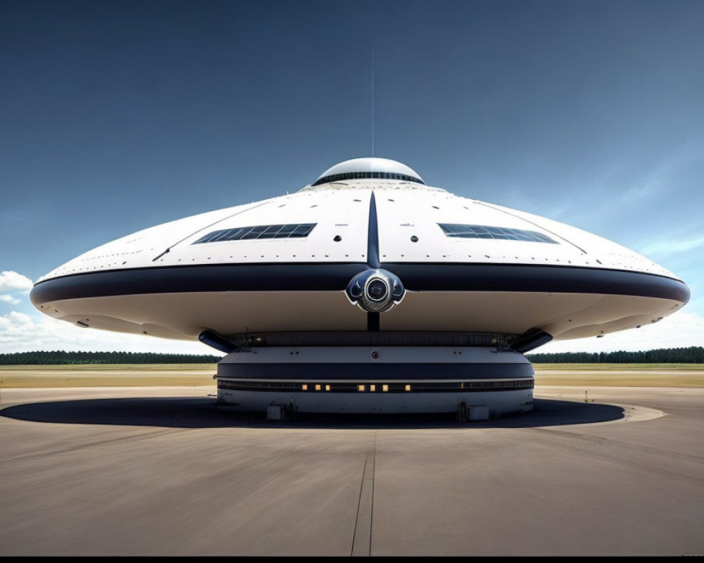 Saucer-shaped futuristic spacecraft with landing gear on tarmac