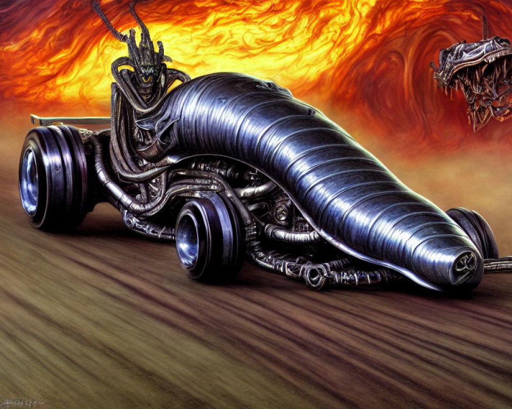 Alien-themed drag racer with organic design in fiery backdrop