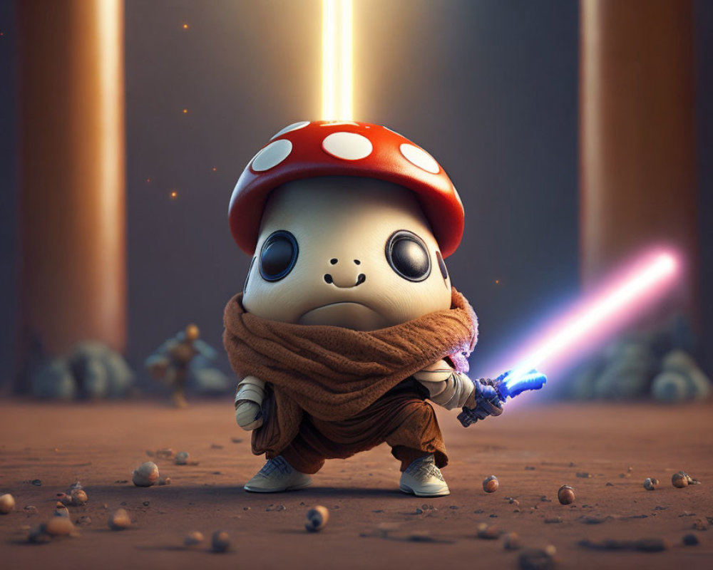 Fusion character with mushroom cap head, cloak, lightsaber, in desert with rocks & pillars